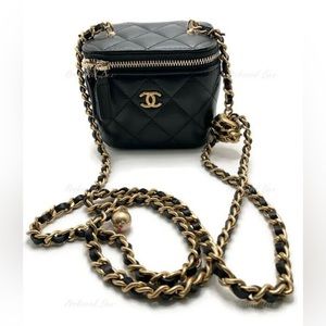 Authentic CHANEL Black Lambskin Leather threaded Pearl Crush Mini Vanity Bag